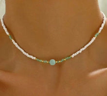 Load image into Gallery viewer, White Bead Necklace with Center Aqua Stone
