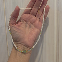 Load and play video in Gallery viewer, White Bead Necklace with Center Aqua Stone
