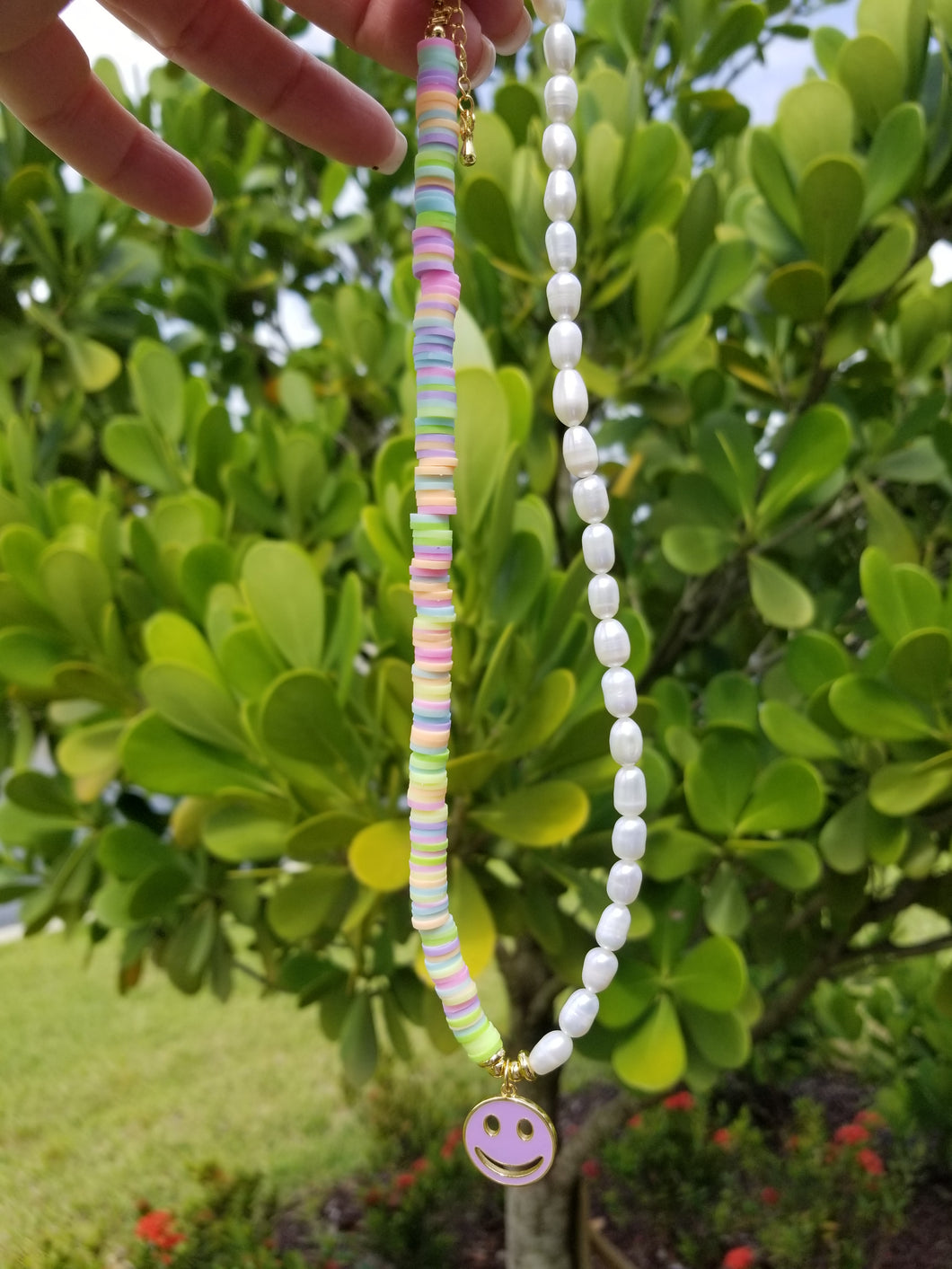 Pastel Bead and Pearl Happy Face Necklace