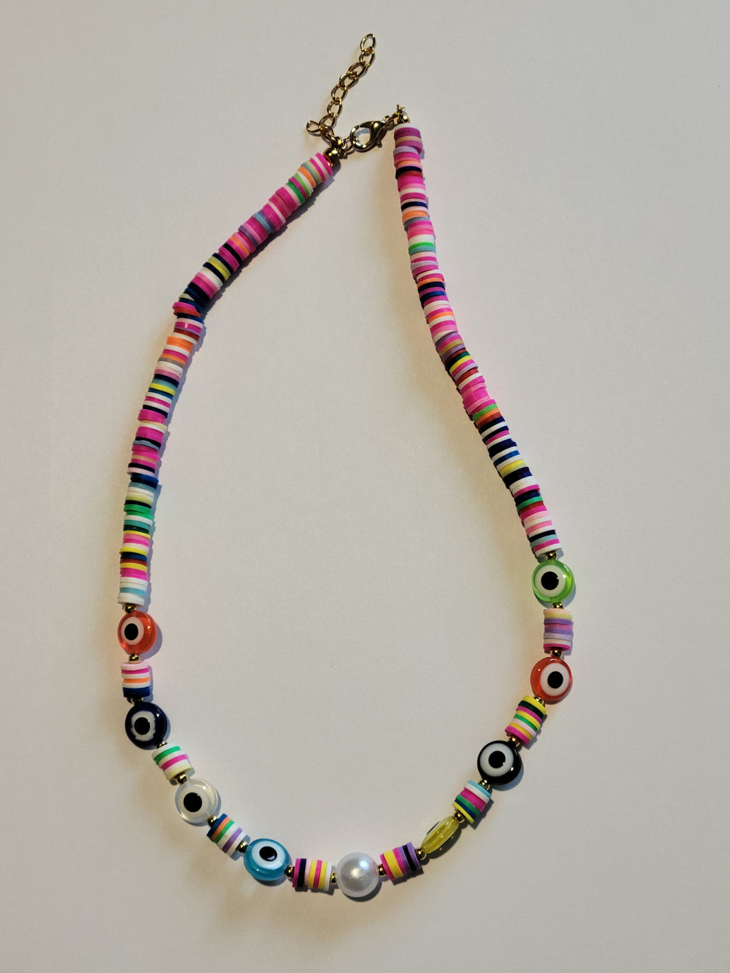 Evil Eye Bright Bead Necklace with Center Pearl