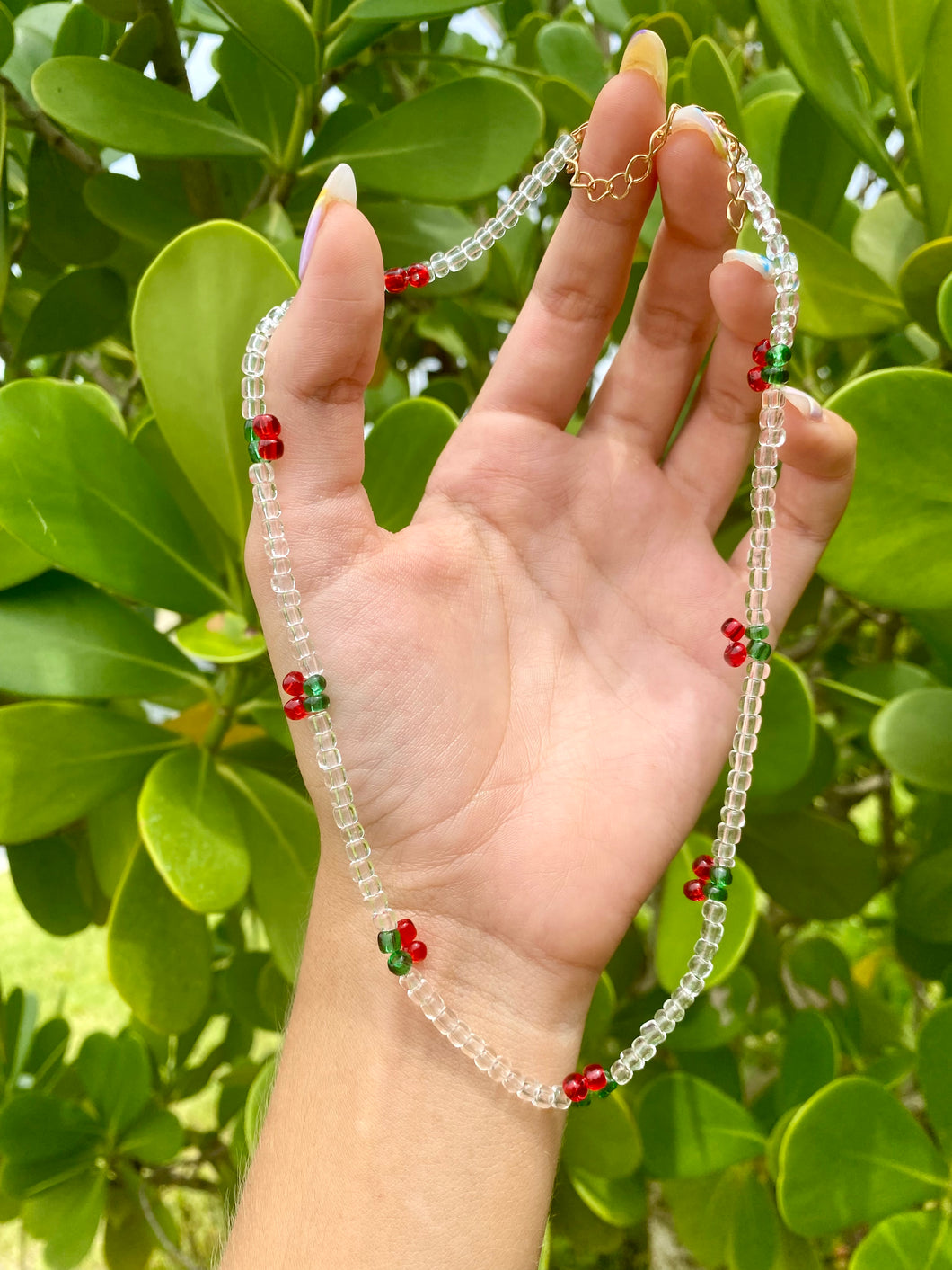 Clear Beaded and Cherry Necklace