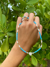 Load image into Gallery viewer, Blue and White Beaded Heart Necklace and Ring Set
